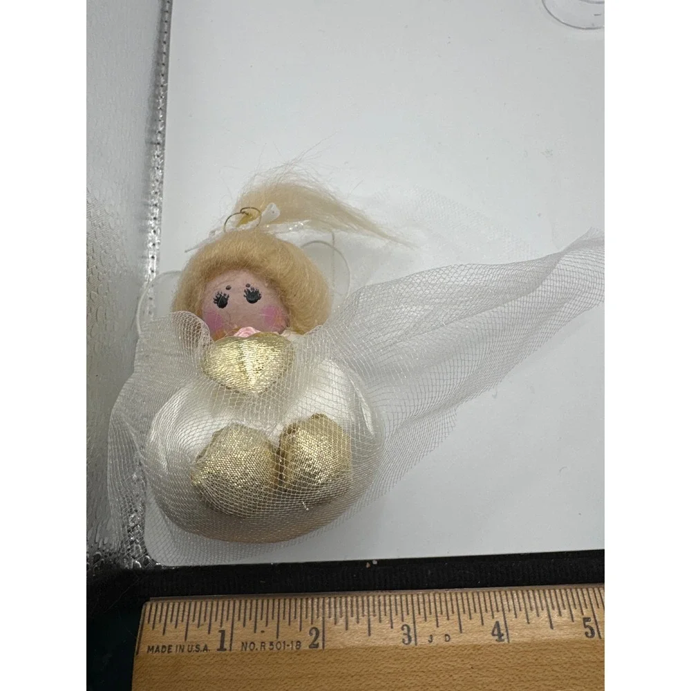 Vintage Style Whimsical Blonde Angel Ornament White Satin Gold Heart 4 Inch